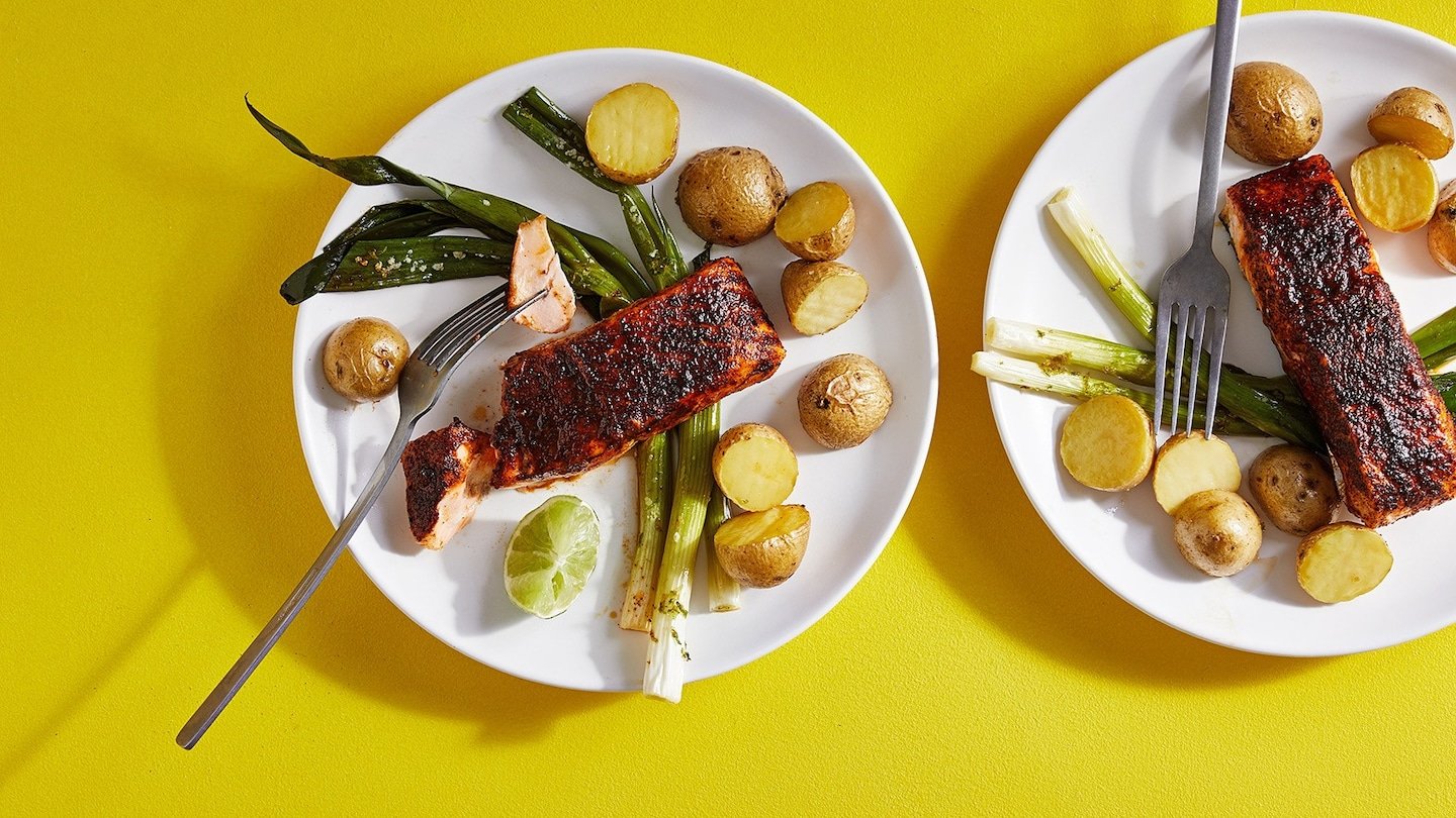 This chili-rubbed salmon dinner makes the most of sheet-pan cooking