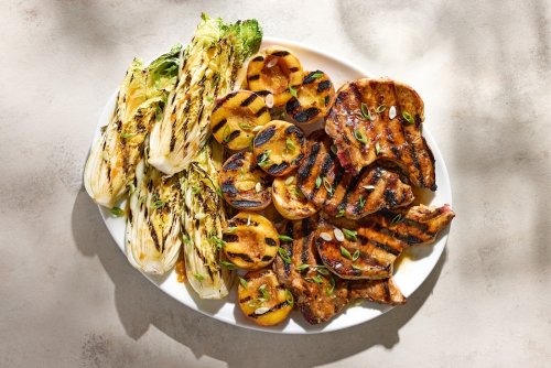 Apricot-Glazed Pork Chops With Grilled Peaches and Napa Cabbage