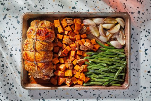 Make it a one-pan Thanksgiving with stuffed turkey breast, sweet potatoes and green beans