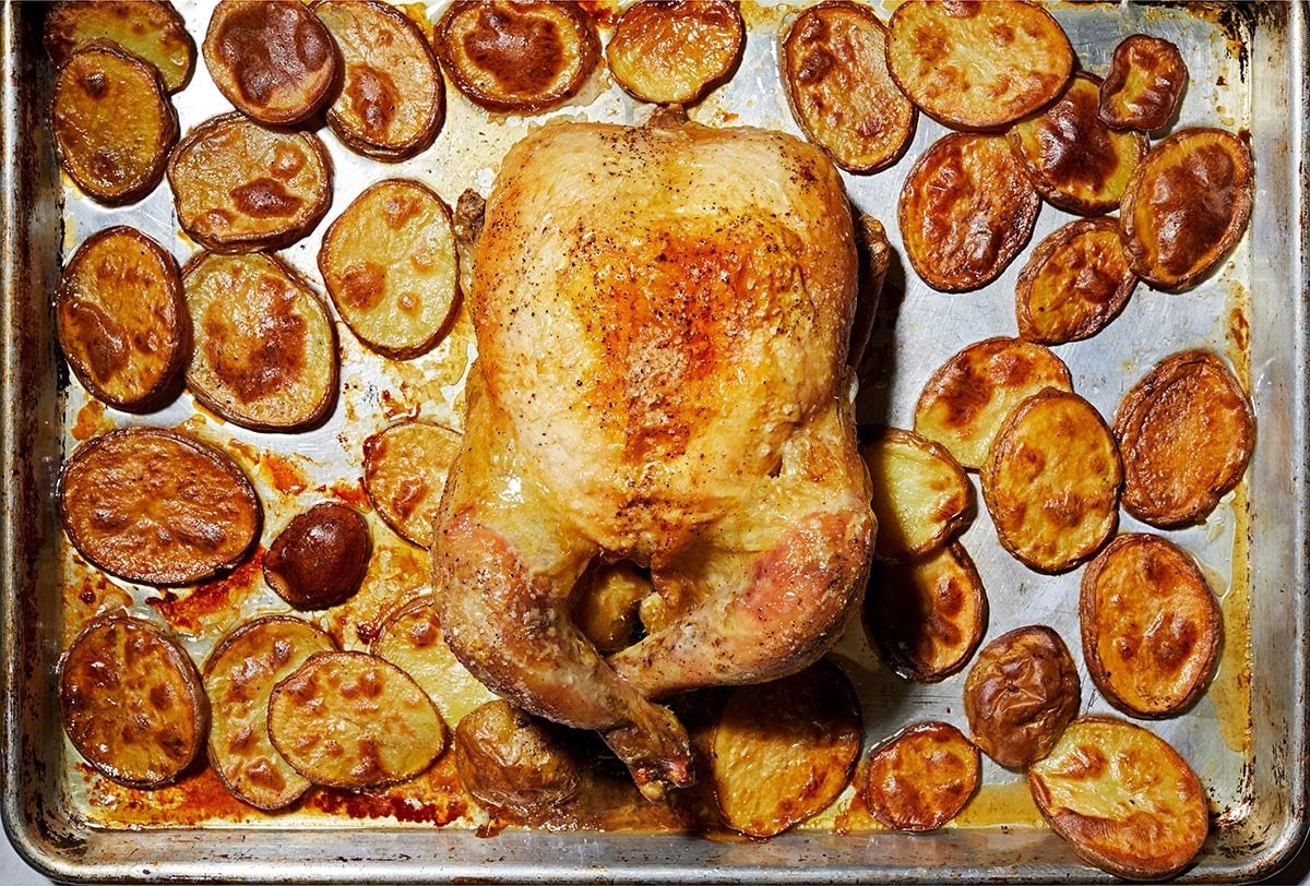 Roasting a chicken is as easy as putting a baking sheet in the oven