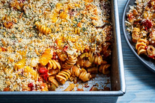 This baked pasta features Spanish flavors and a time-saving cleanup trick