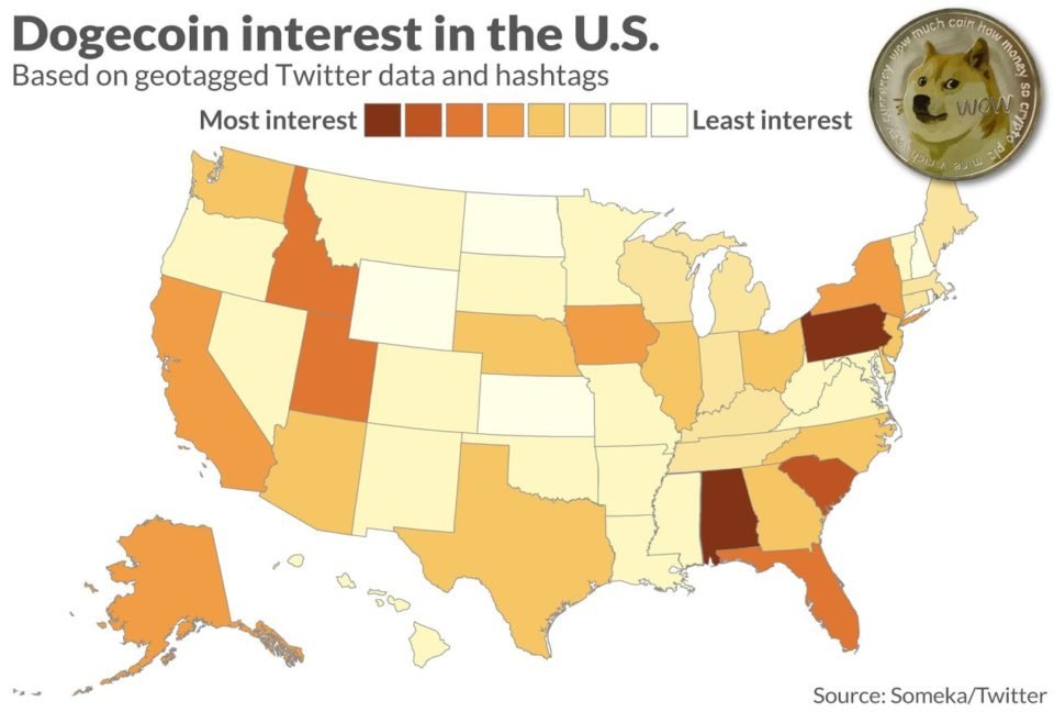U.S. Map Shows People’s Interest In Investing In Dogecoin By State