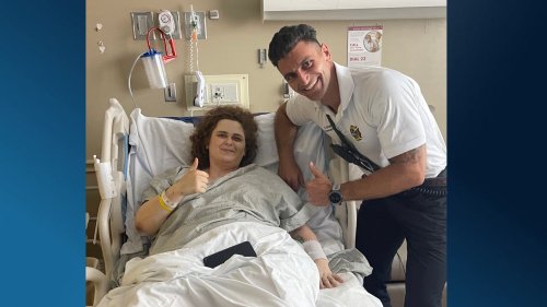 Woman rescued from burning car meets with ‘hero’ firefighter from hospital bed