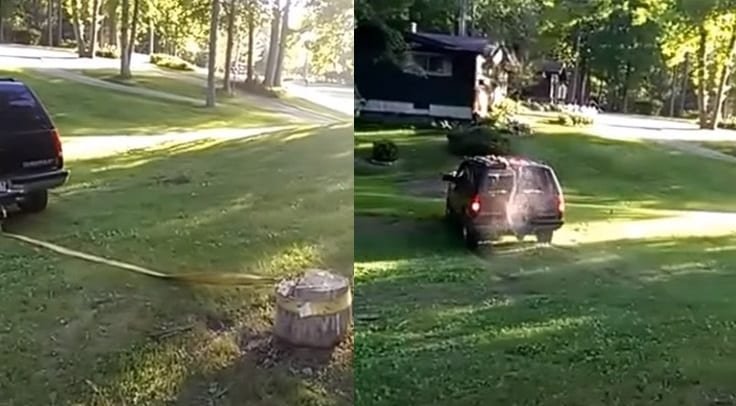 Redneck Tree Removal Sends Stump Flying Through Driver’s Rear Windshield