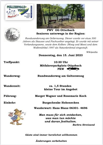 Pfälzerwaldverein OG Otterbach: Seniorenwanderung am 15.06.2023