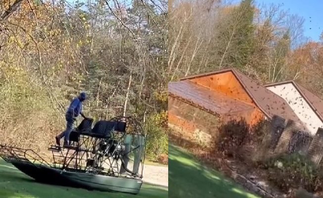 Redneck Dad Uses His Air Boat To Easily Clean Up Leaves In The Yard