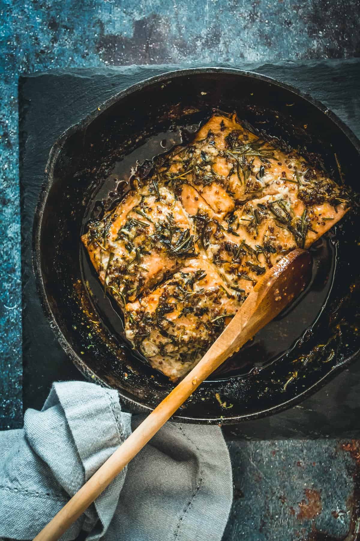 Cast-iron pan-fried sockeye salmon with mustard, honey and wild herbs : At the Immigrant's Table