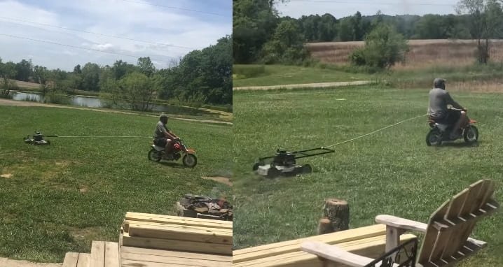 Redneck Dad Makes His Own Riding Lawnmower Out Of A Dirt Bike