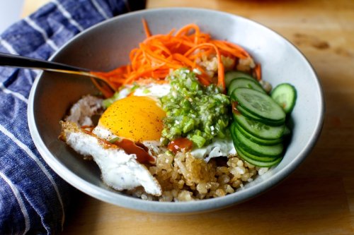 crispy rice and egg bowl with ginger-scallion vinaigrette