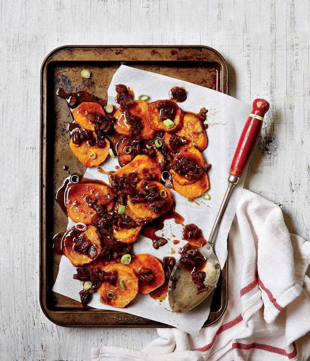 Candied Sweet Potatoes with Pecan Bacon Syrup