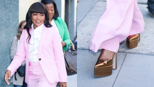 Angela Bassett Complements Pink Reiss Suit With Towering Gold Le Silla Platforms for ‘The View’ Appearance