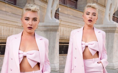 Florence Pugh Thinks Pink in Double-breasted Suit at Valentino’s Spring 2024 Show During Paris Fashion Week