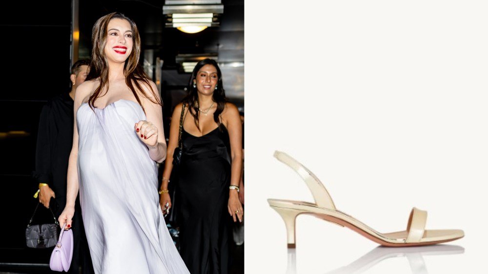 Anne Hathaway Goes Gold in Aquazzura Kitten Keels at Bulgari’s Serpenti Infinito