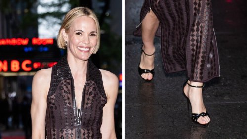 Leslie Bibb Doubles Down on Sheer Trends in Geometric Hermes Dress With Giuseppe Zanotti’s Pointed Peekaboo Toes for ‘Seth Meyers’ Appearance