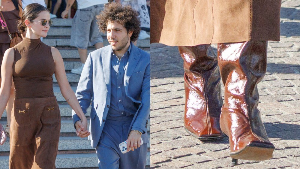 Selena Gomez and Benny Blanco Coordinate Brown Shoes for Their Venice Arrival