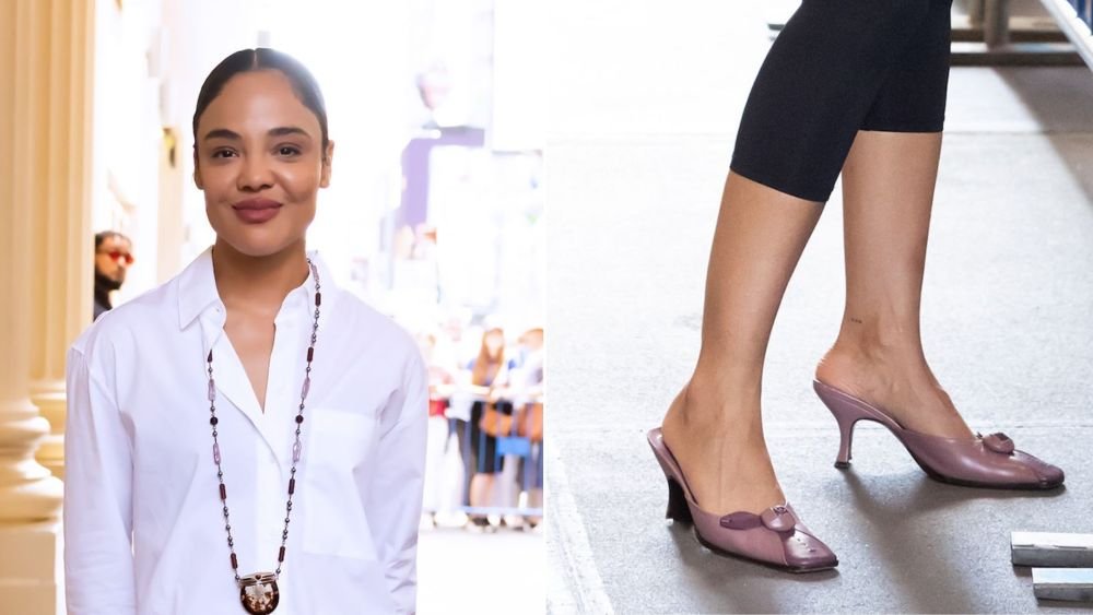 Tessa Thompson Digs Into Prada’s Y2K Archive for Mauve Rose Mules in New York