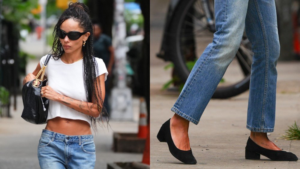 Zoë Kravitz Adds a Parisian Twist to Her Off-duty Ensemble With Suede Ballerina Heels