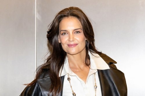 Katie Holmes Brings the Lux Leather Trend in Shirt Dress to Mikimoto’s