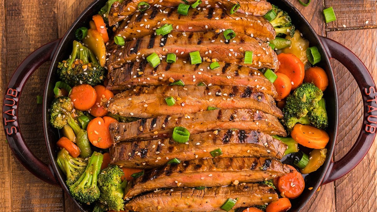 Easy Cast Iron Teriyaki Flank Steak with Veggies