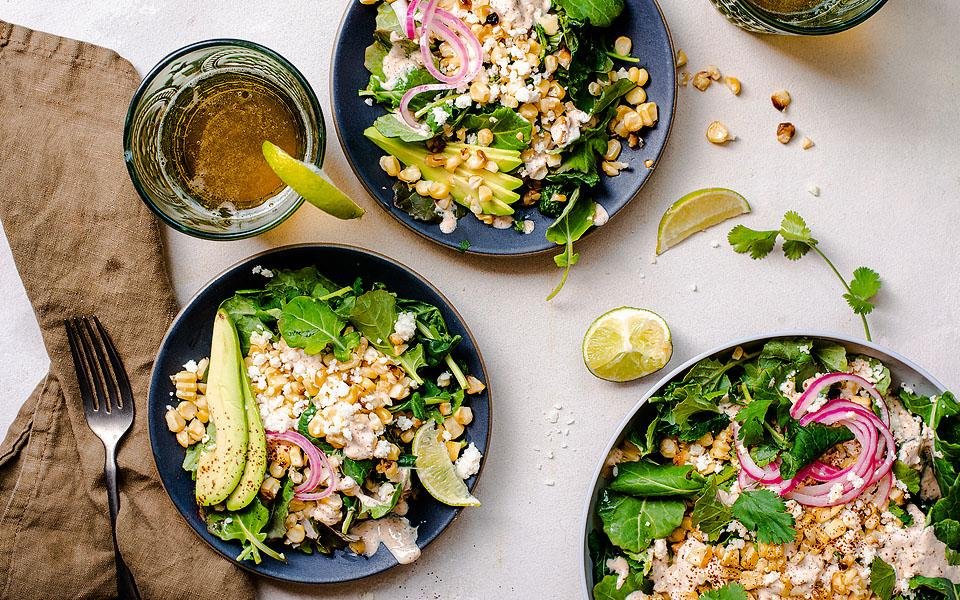 Mexican Elote Street Corn Kale Salad with Spicy Yogurt Lime Dressing
