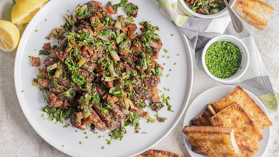 Herb Grilled New York Steak with Bacon and Scallions