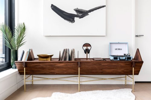 A modular credenza table designed to truly showcase your vinyl collection!