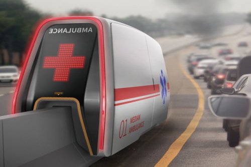 The Median Ambulance cuts through highway traffic by riding on the road divider