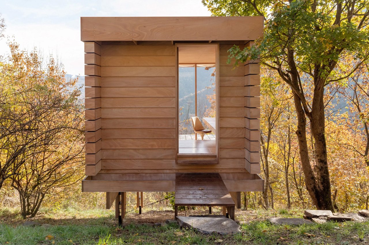 This off-grid wooden cabin in the Italian mountains doubles up as a quaint yoga retreat