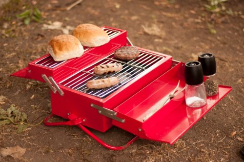This portable grill looks just like a classic metal toolbox!