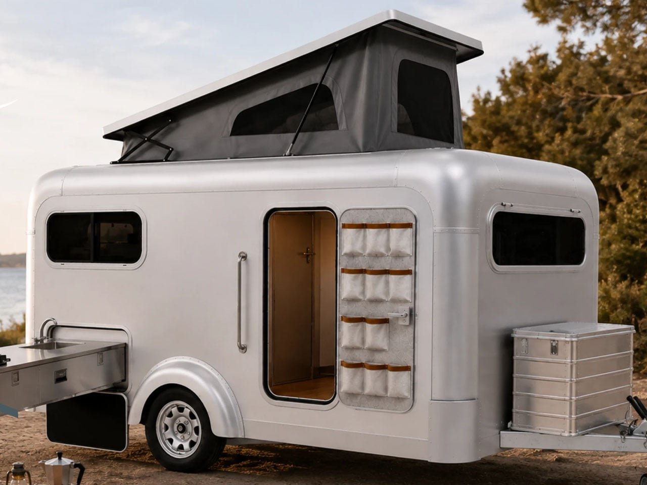 Lume Ranger is compact aluminum travel trailer with teak interiors and pop-up roof