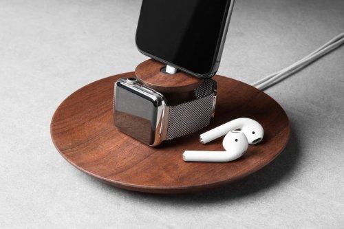 This handcrafted wooden dock+tray gives you an elegant spot to charge your Apple products