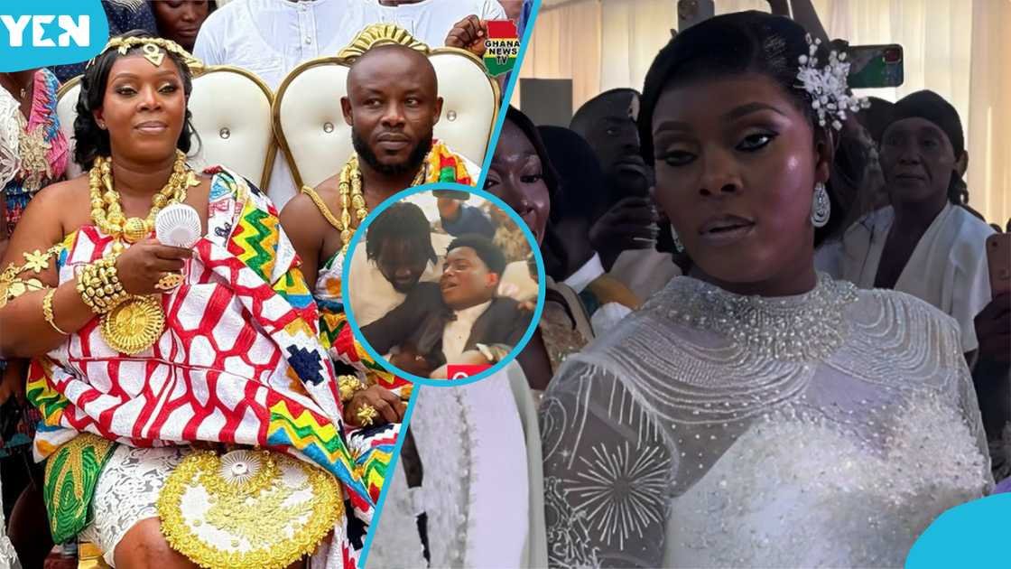 Diana Asamoah looks unrecognisable in heavy makeup and a white glittering lace gown for her star-studded wedding