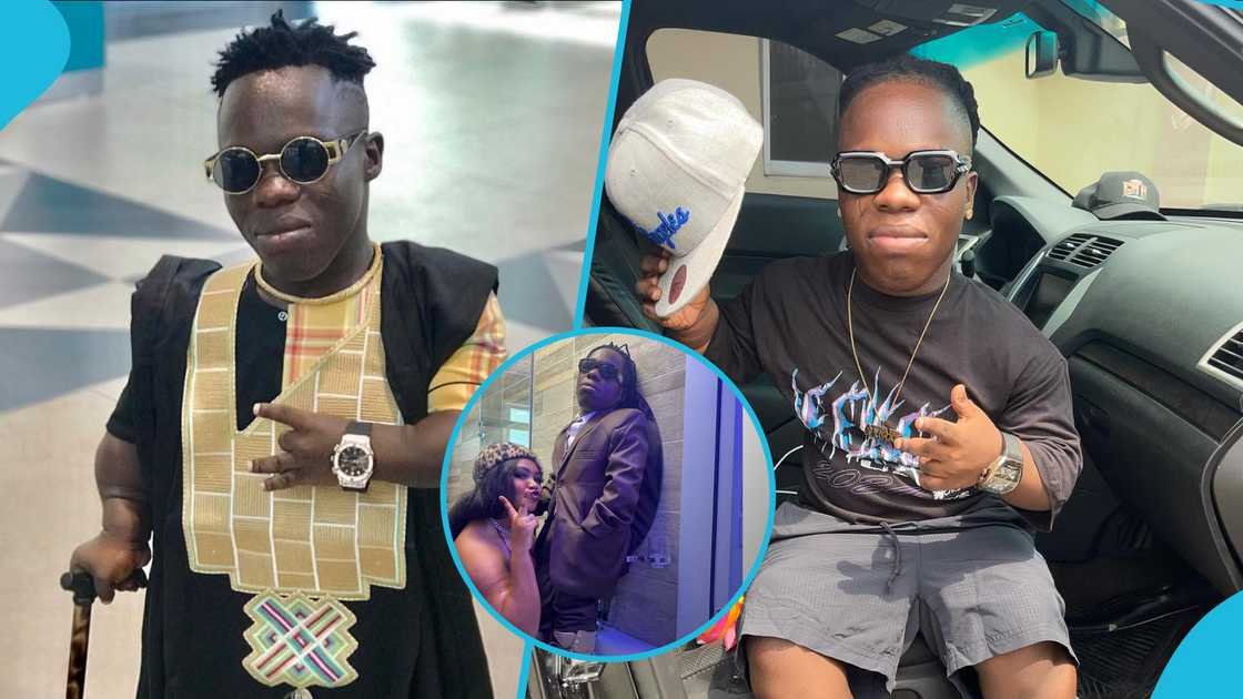 Shatta Bandle stands in a ceramic basin, looks taller than curvy lady in photo