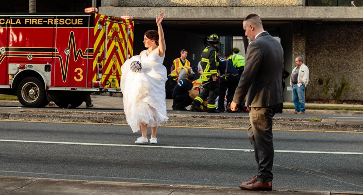 Bride and groom stop wedding after man hit by car