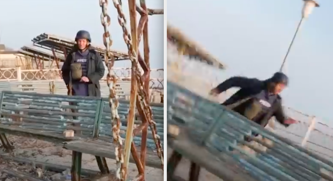 Moment Sky News reporter in Ukraine runs for cover to escape shelling
