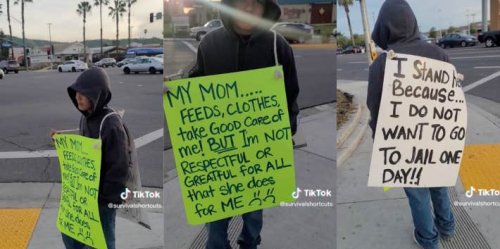 Mom Humiliates Son By Making Him Wear A Sign On A Busy Street Because