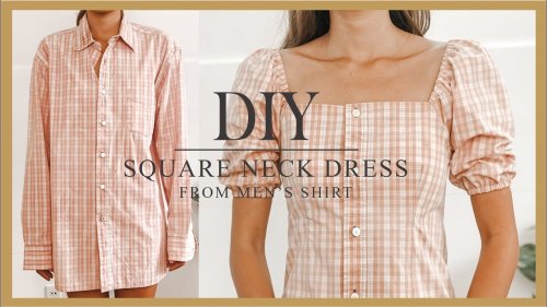 DIY Puff sleeve dress - Refashion Men's Shirt into puff sleeve dress - How to make Square neck dress